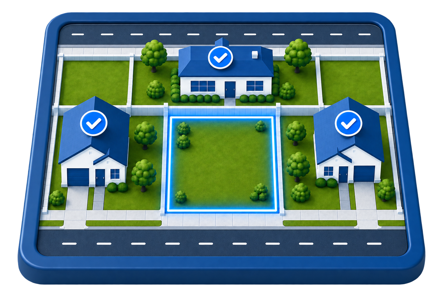 Highlighted central property with three adjoining parcels marked as potential neighboring landowners